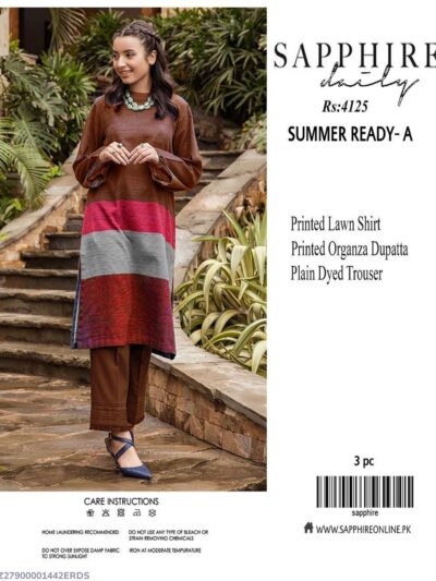 3-Piece Printed Lawn Suit for Women Red Stripes with Printed Banarsi Dupatta – Unstitched Eid Collection
