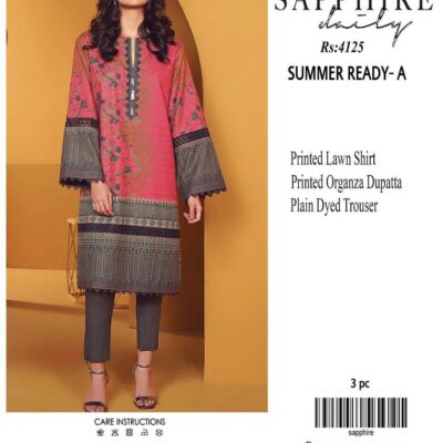 Sapphire Printed Lawn 3 Piece Unstitched Suit for Women Grey with Printed Banarsi Dupatta – Eid Collection