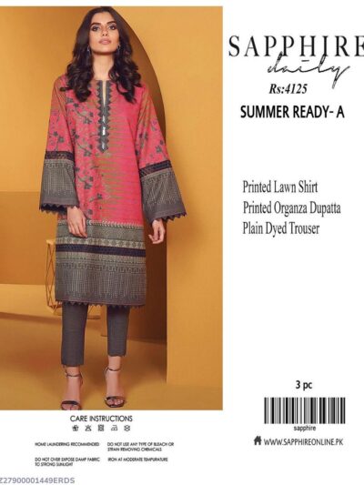 Sapphire Printed Lawn 3 Piece Unstitched Suit for Women Grey with Printed Banarsi Dupatta – Eid Collection