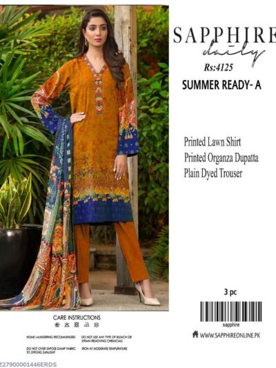 3-Piece Printed Lawn Suit for Women Orange with Printed Banarsi Dupatta – Unstitched Eid Collection