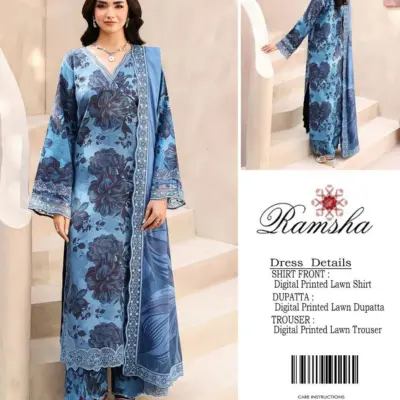 3 Pcs Women Unstitched Digital Print Lawn Suit Blue