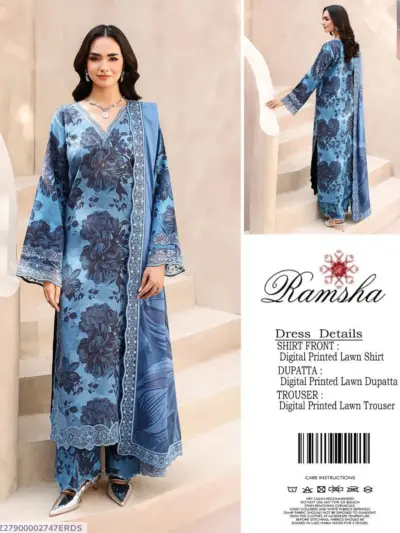 3 Pcs Women Unstitched Digital Print Lawn Suit Blue