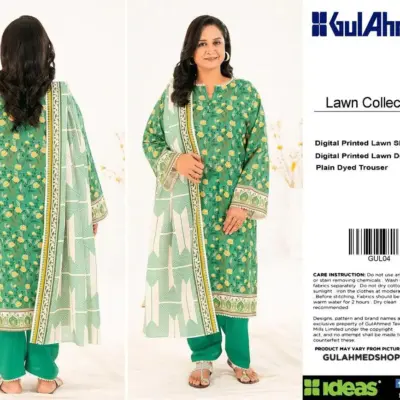 GulAhmed Lawn 3 Piece Unstitched Suit Green Floral Print for Women Eid Summer Collection
