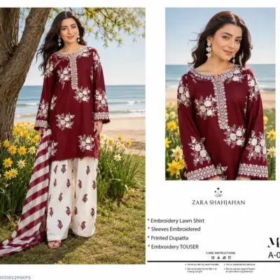 3 Pcs Women Unstitched Embroidered Lawn Suit Maroon with Digital Print Dupatta