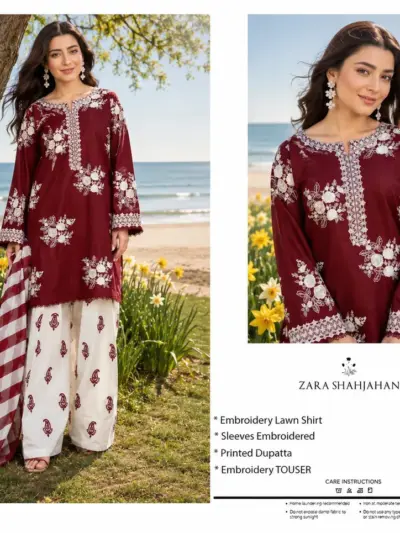 3 Pcs Women Unstitched Embroidered Lawn Suit Maroon with Digital Print Dupatta