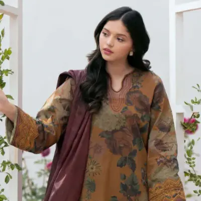 Brown Swiss Lawn Digital Print 3 Piece Suit for Women