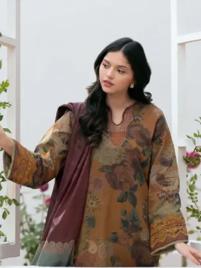 Brown Swiss Lawn Digital Print 3 Piece Suit for Women
