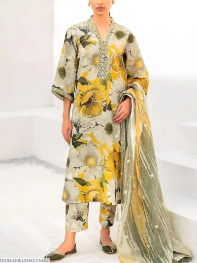 Yellow Digital Print Lawn 3 Piece Suit Set for Women