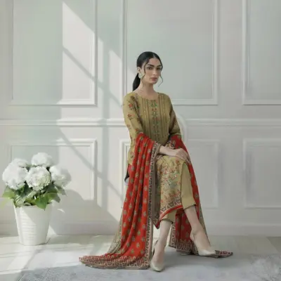 Pakistani Green Printed Kurta Set with Dobby Lawn Dupatta 3 Piece Suit