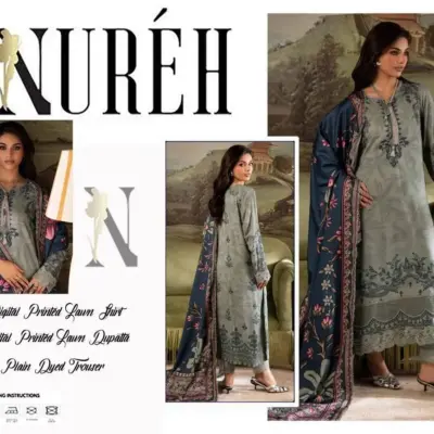 NuréH Digital Printed Lawn 3-Piece Unstitched Suit Grey