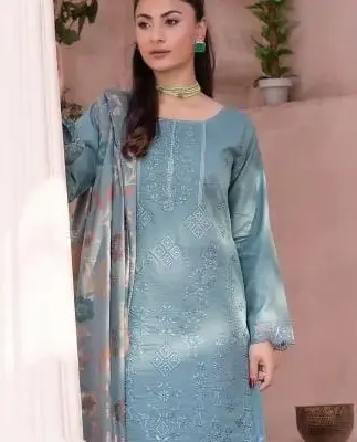 Unstitched 3-Piece Blue Lawn Suit with Chikankari Embroidery and Jacquard Digital Print Dupatta