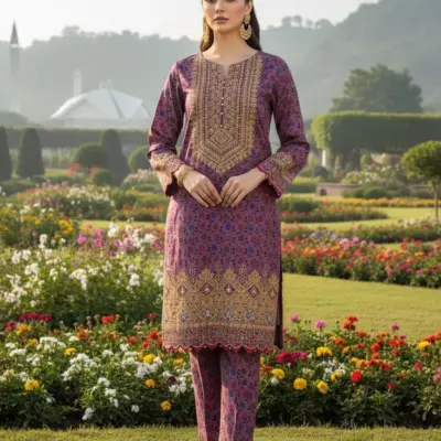 Women’s Unstitched Pink Dhanak Sequins Embroidered 2-Piece Suit