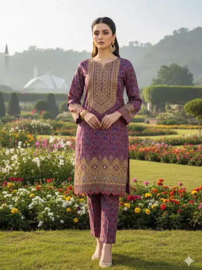 Women’s Unstitched Pink Dhanak Sequins Embroidered 2-Piece Suit