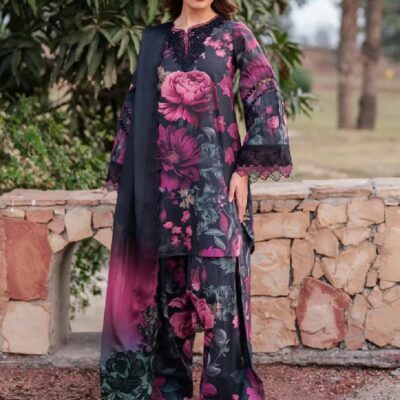 Pakistani Floral Digital Printed Lawn 3-Piece Kurta Set with Chiffon Dupatta – Purple