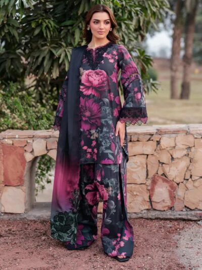Pakistani Floral Digital Printed Lawn 3-Piece Kurta Set with Chiffon Dupatta – Purple