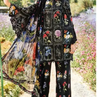 Pakistani Black Digital Printed Lawn Kurta Set with Chiffon Dupatta