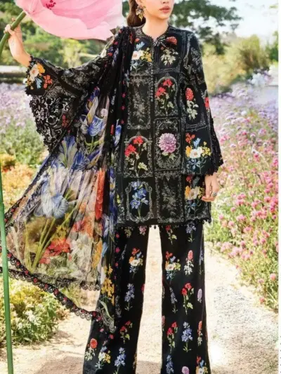 Pakistani Black Digital Printed Lawn Kurta Set with Chiffon Dupatta