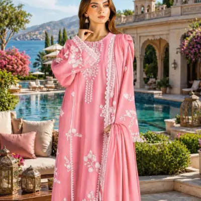 Pink Embroidered Lawn Kurta Pajama Set for Women – 2 Piece
