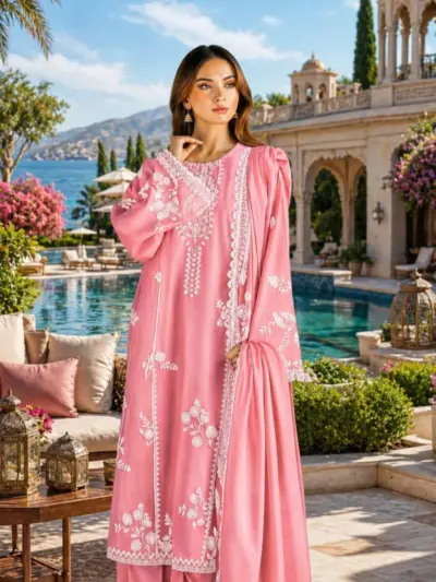 Pink Embroidered Lawn Kurta Pajama Set for Women – 2 Piece