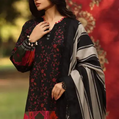 Black Printed Lawn 3-Piece Suit Set for Women with Dobby Lawn Dupatta