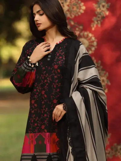 Black Printed Lawn 3-Piece Suit Set for Women with Dobby Lawn Dupatta