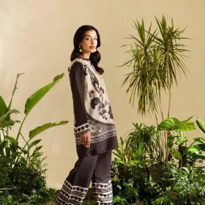 Black Printed Swiss Lawn 2-Piece Shirt Trouser Set for Women