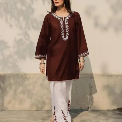 Brown Embroidered Cotton 2-Piece Shirt Trouser Set with Dori Piping Work