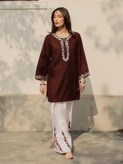 Brown Embroidered Cotton 2-Piece Shirt Trouser Set with Dori Piping Work