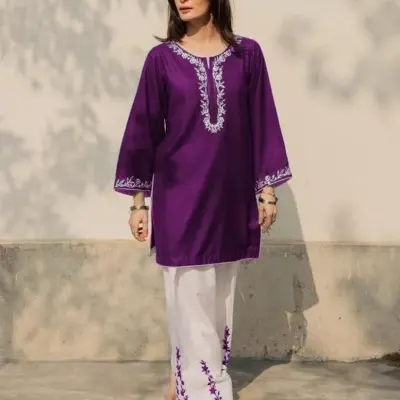 Purple Embroidered Cotton 2-Piece Shirt Flapper Set with Dori Piping Work