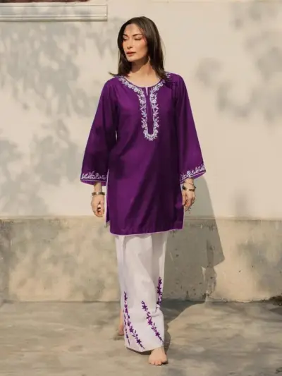 Purple Embroidered Cotton 2-Piece Shirt Flapper Set with Dori Piping Work