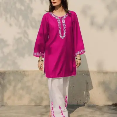 Pink Embroidered Cotton 2-Piece Pajama Set with Dori Piping Work