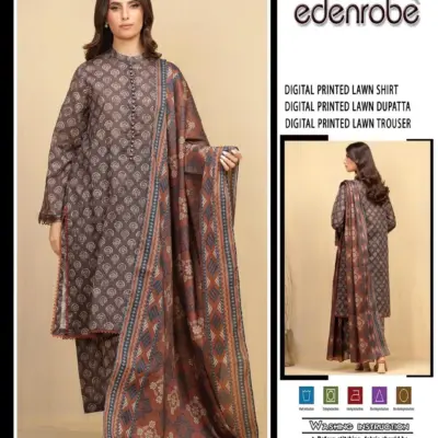 Brown Printed Lawn 3 Piece Unstitched Suit for Women Eid Wear