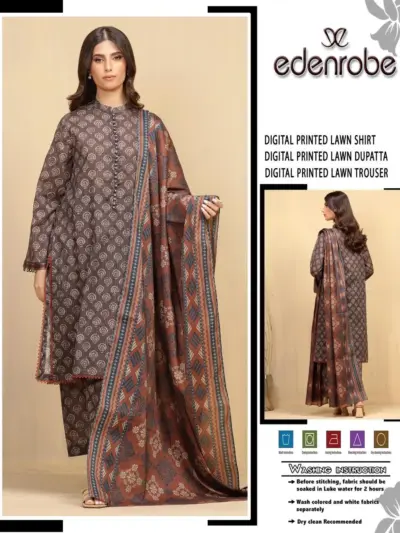 Brown Printed Lawn 3 Piece Unstitched Suit for Women Eid Wear