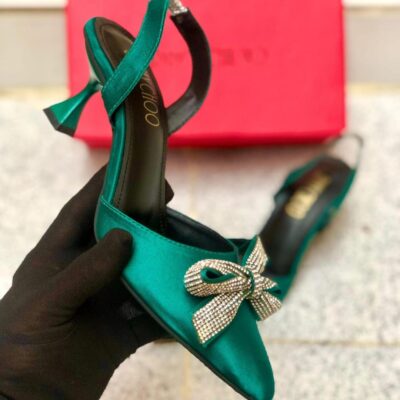 Buy Premium Green Synthetic Leather Heels for Women with Rhinestone Bow