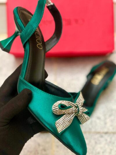 Buy Premium Green Synthetic Leather Heels for Women with Rhinestone Bow