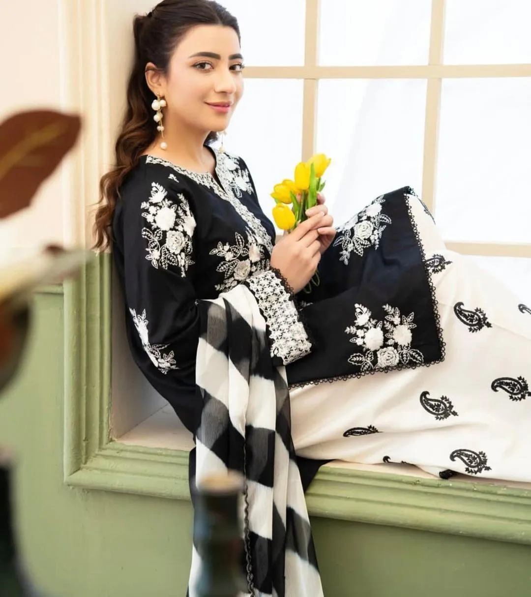 Black Embroidered 3-Piece Lawn Suit with Digital Printed Lawn Dupatta