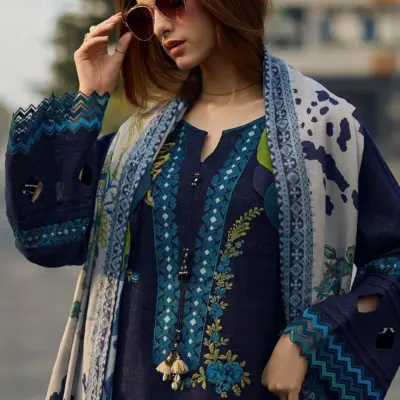 Marina B Code 4402 Heavy Embroidered Lawn Suit with Digital Print Voil Dobby Dupatta – Blue 3 Pcs