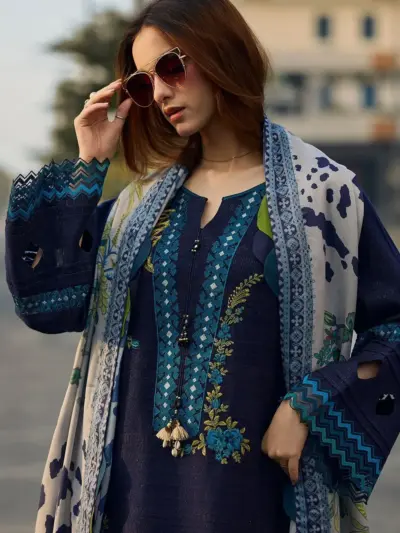 Marina B Code 4402 Heavy Embroidered Lawn Suit with Digital Print Voil Dobby Dupatta – Blue 3 Pcs