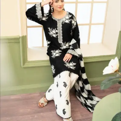 Black Embroidered 3-Piece Lawn Suit with Digital Printed Lawn Dupatta