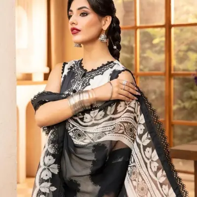 3-Piece Printed Karandi Suit for Women – Off White with Printed Dupatta
