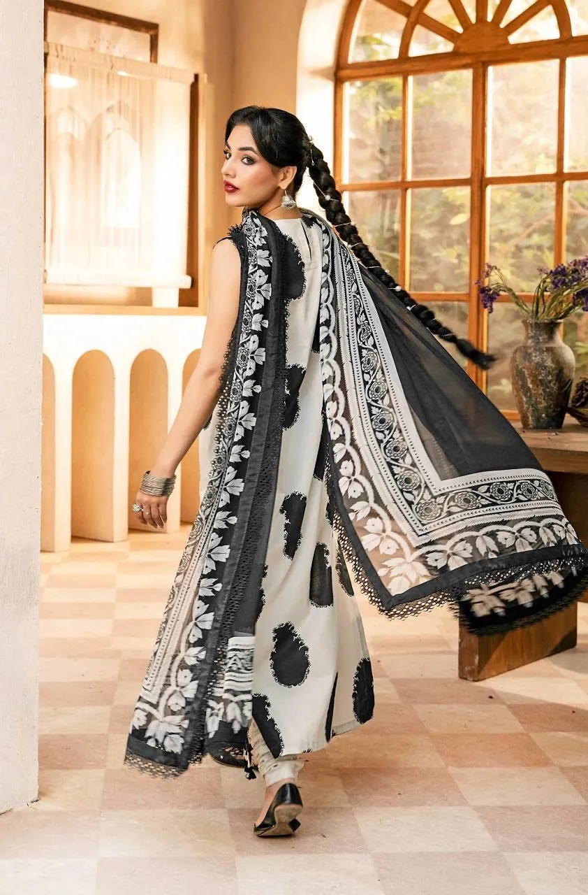 3-Piece Printed Karandi Suit for Women – Off White with Printed Dupatta