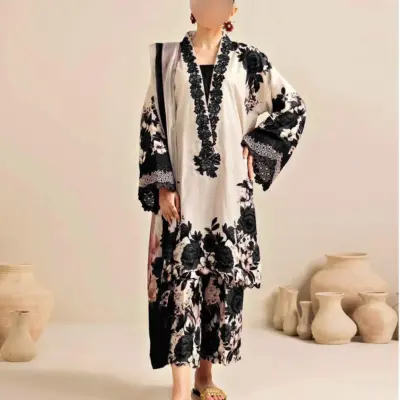 Women's 3-Piece Unstitched Silk Digital Printed Suit with China Silk Dupatta – Black