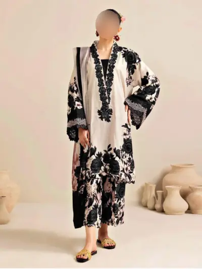 Women's 3-Piece Unstitched Silk Digital Printed Suit with China Silk Dupatta – Black