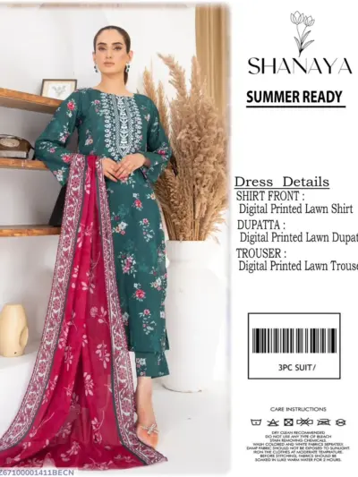 3 Pcs Women's Unstitched Green Digital Print Lawn Suit with Lawn Dupatta