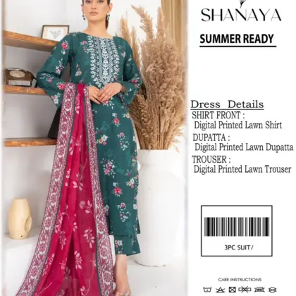 3 Pcs Women's Unstitched Green Digital Print Lawn Suit with Lawn Dupatta