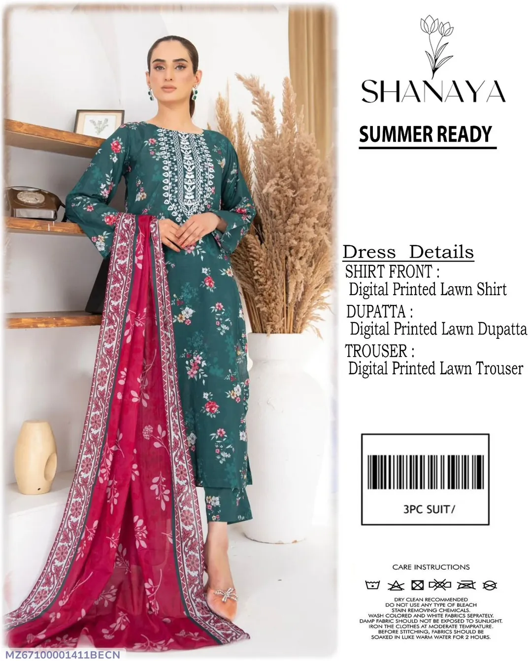 3 Pcs Women's Unstitched Green Digital Print Lawn Suit with Lawn Dupatta