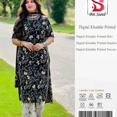 Women's Unstitched Black Printed Khaddar Winter Suit 3 Pcs with Dupatta