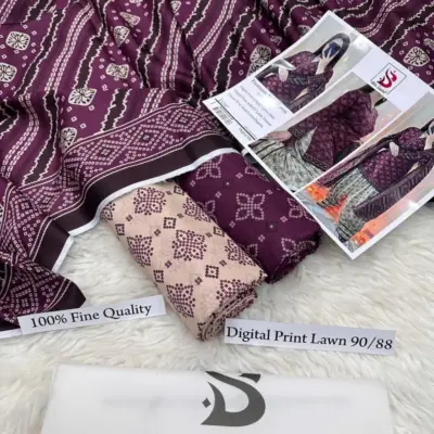 Unstitched Purple Printed Lawn Suit 3 Pcs for Eid & Ramadan