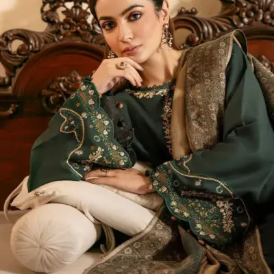 Green Embroidered Lawn 3 Pcs Unstitched Suit Set for Women