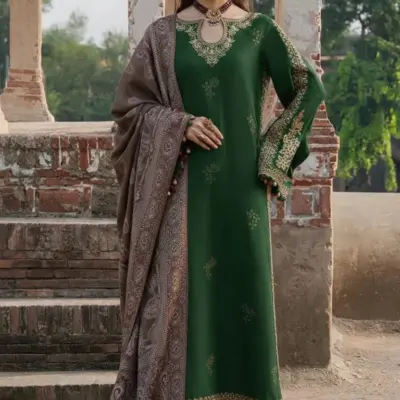 Green Embroidered 3 Piece Unstitched Lawn Suit for Women with Diamond Dupatta